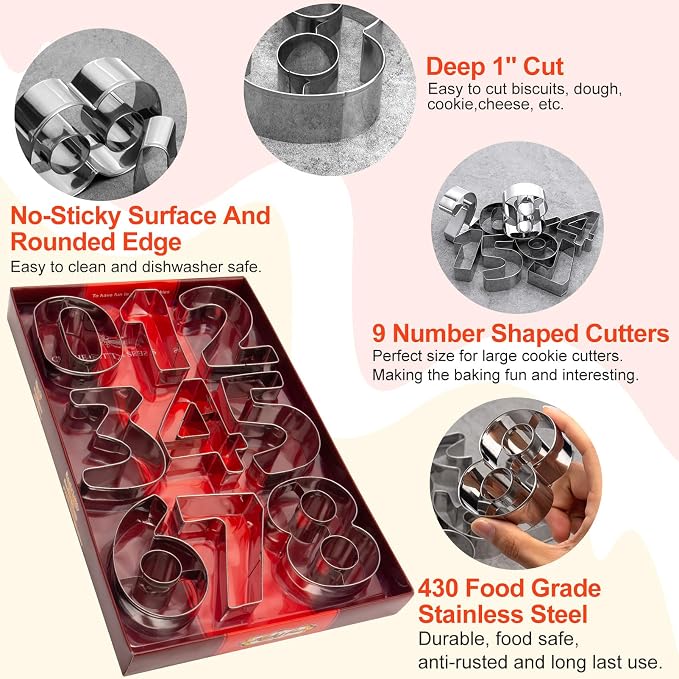 ofone Large Number Cookie Cutters (0-9), 3 Inches Stainless Steel Fondant Cutter Set, 9pcs Numbers Biscuit Molds for Baking Cake Clay