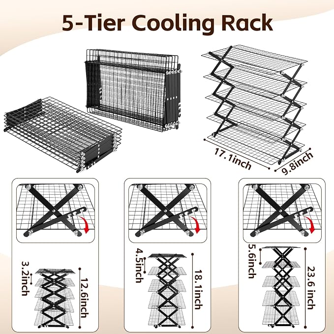 Timeet 5 Tier Upgraded Collapsible Cooling Rack with Adjustable 3 Setting Design, Stackable Baking Rack, Roasting Cooking Drying Wire Cooling Rack for Cookies Baking Roasting ＆ Grilling