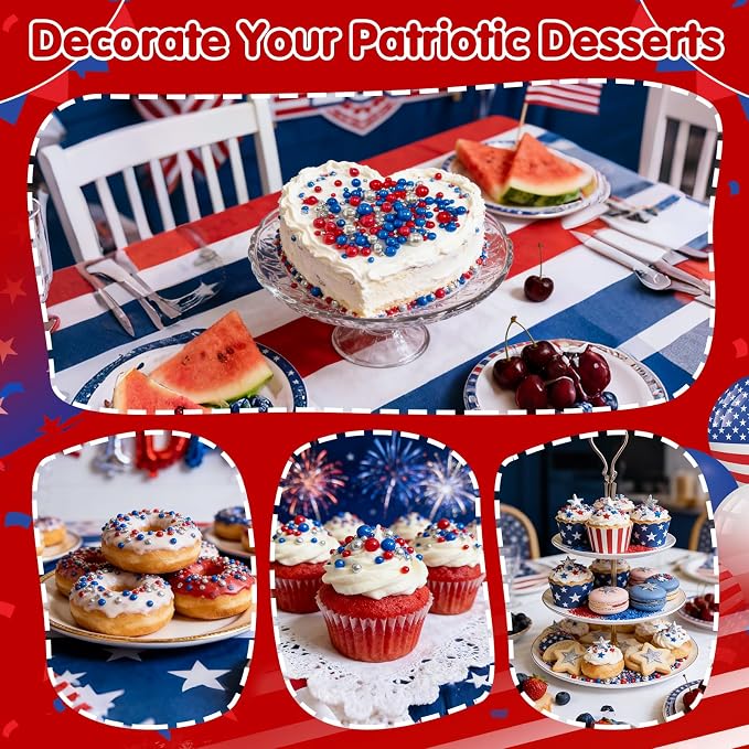 Edible Patriotic Sprinkles,July 4th Blue Red and Silver Pearl Sprinkle Mix for USA Baking Decorations,130g,Edible Sugar Pearls for Captain Cake Decorating,Cookies,Ice Cream,Fondant Cake,Cupcakes,Desserts,Flag Day,Independence Day,4th of July Party Supp...