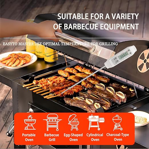 Meat Thermometer, Digital Food Thermometer Instant Read with 120mm Long Probe, Automatic Calibration, Kitchen Cooking Thermometer for BBQ, Grill, Deep Fry, Water Temperature (Black)