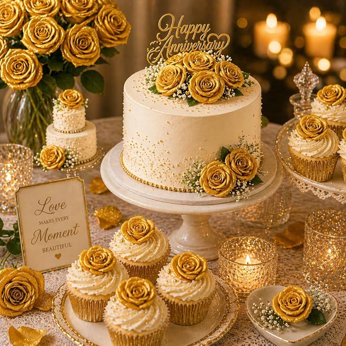 Confect Metallic Edible Rose Topper – Gold Roses for Cake, Cupcake & Doughnut Decoration – Pack of 12 Edible Floral Toppers- Vegan, Gluten-Free, Nut-Free, Soy-Free, Dairy-Free, Palm Oil-Free