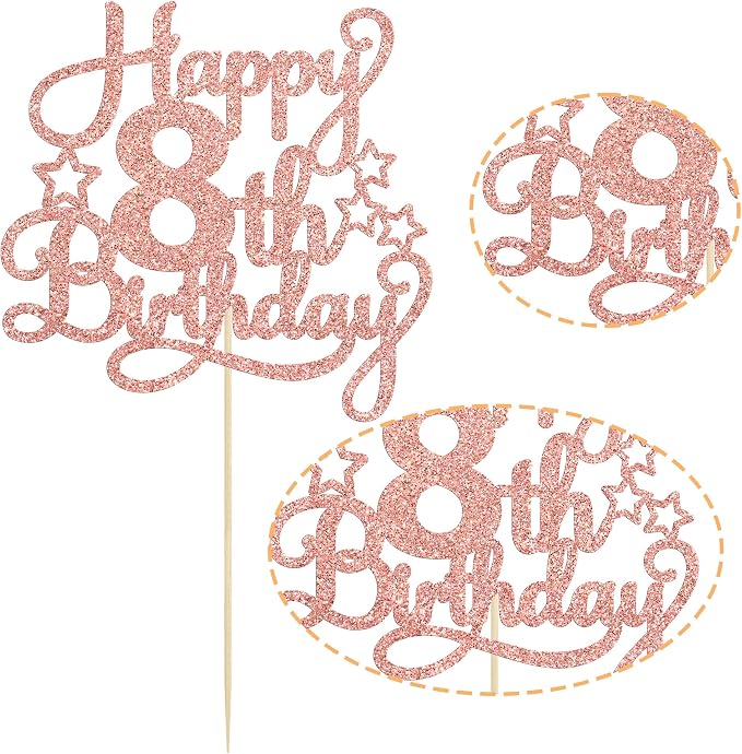 1 Pack Happy 8th Birthday Cake Topper Rose Gold Glitter 8th Birthday Cheers to 8 Years Old Birthday Cake Pick for Celebrating Anniversary Party Cake Decorations Supplies