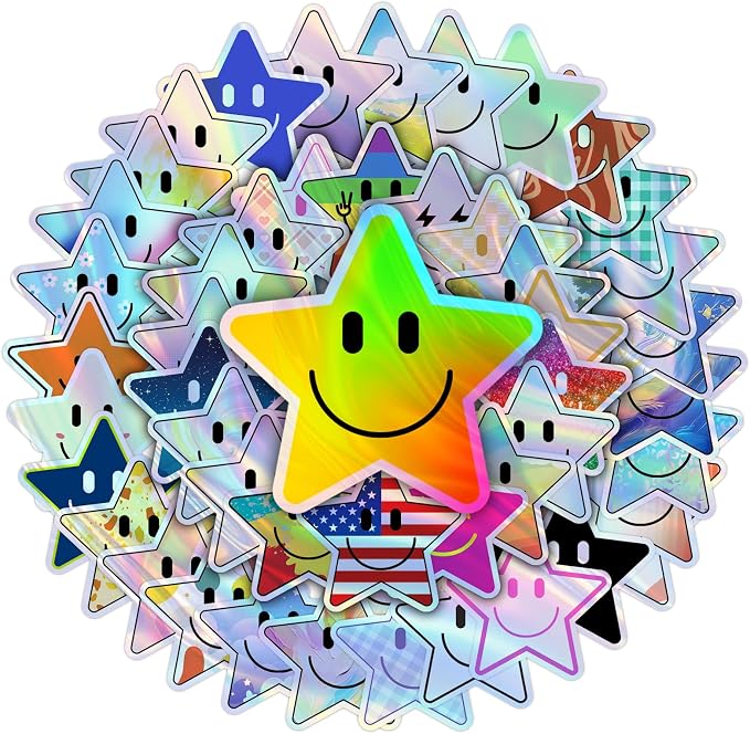50PCS Smiling Holographic Star Stickers, Cute Water Bottle Stickers for Kids, for Teaching Rewards, Notebooks, Stationery, Luggage, Cartoon PVC Happy Holographic Stickers