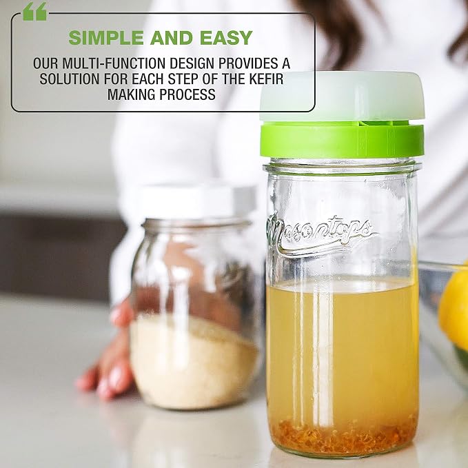 Masontops kefir lid mason jar lids wide mouth mason jar lids living culture grain drainer starter kit for home fermentation 2 packs