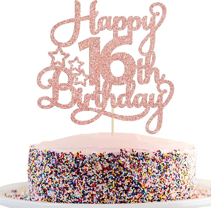 1 Pack Happy 16th Birthday Cake Topper Glitter Sweet 16 Cake Pick Birthday 16th Birthday Cake Decorations for Children 16th Theme Party Supplies Rose Gold