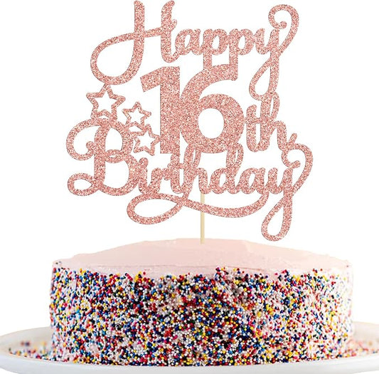 1 Pack Happy 16th Birthday Cake Topper Glitter Sweet 16 Cake Pick Birthday 16th Birthday Cake Decorations for Children 16th Theme Party Supplies Rose Gold