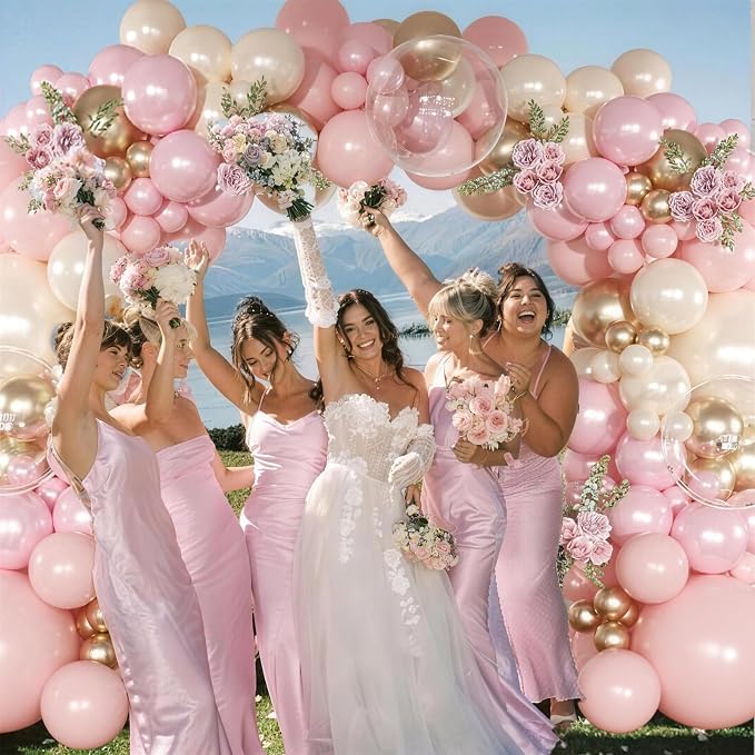 Pink and Gold Balloon Garland Arch Kit 126Pcs Pastel Light Baby Pearl Pink and Sand White Balloons for Boho Birthday Baby Shower Bridal Shower Wedding Party Decorations
