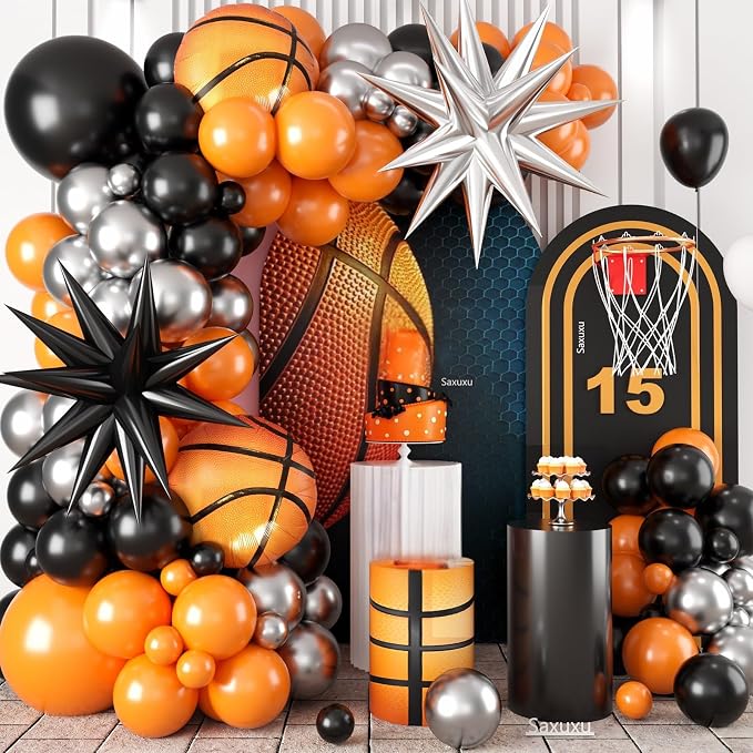 Basketball Balloon Arch Kit, Black Orange Balloons Garland Arch Kit, Silver Star Foli Balloons Basketball Foil Balloon For Ball Games Theme Birthday Baby Shower Party Anniversary Wedding Decorations