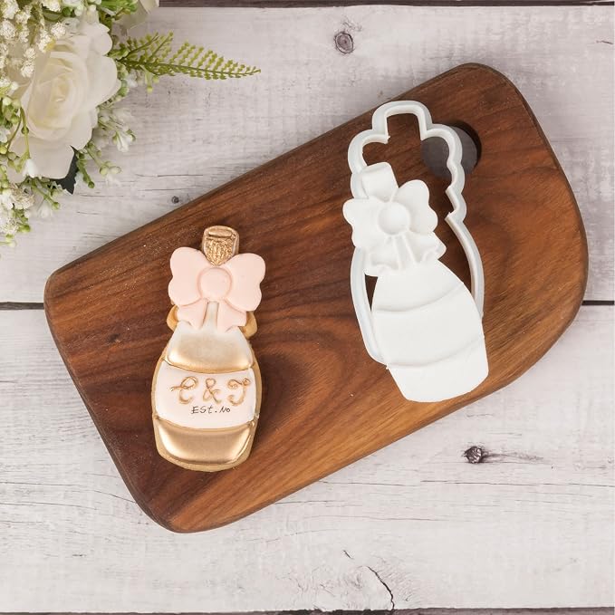 Wedding Cookie Cutters with Plunger Stamps Champagne Bridal Shower Gifts Holiday Cake Baking PLA Cutter Molds for Kids Decorative Party 3.5" Kitchen Cake Supplies