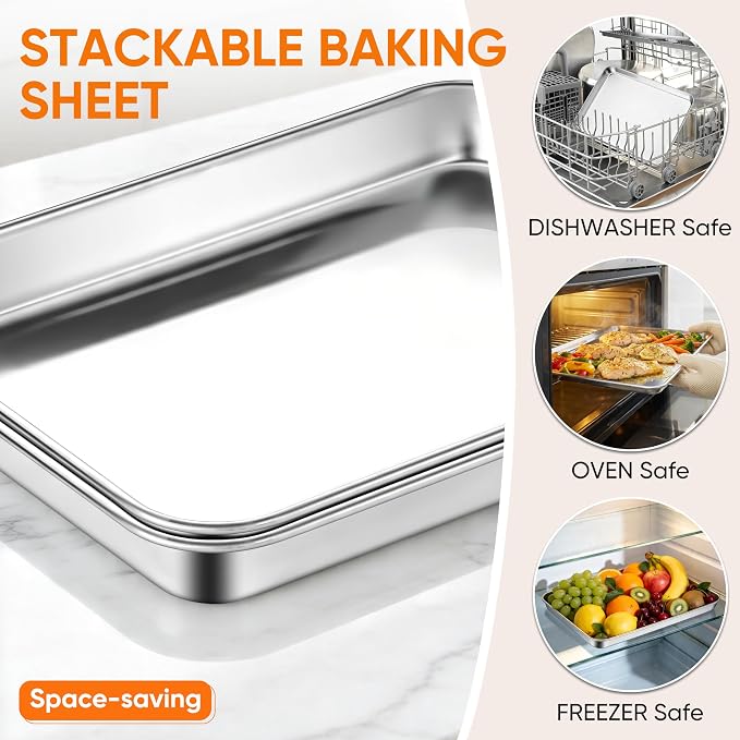 LIANYU 2 Pack Cookie Sheets for Baking, Stainless Steel Baking Tray Pan, 16x12 Inch Jelly Roll Pan for Oven, Healthy Metal Tray for Home Bakery Hotel Restaurant, Heavy Duty & Dishwasher Safe
