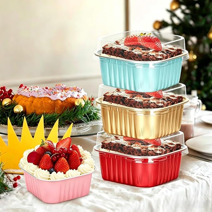 100Pack 5oz Mixcolor Mini Cake Pans with Lids Baking Cups Aluminum Foil Pans Tins, Individual Dessert Cups Containers for Sales,Party,Picnics