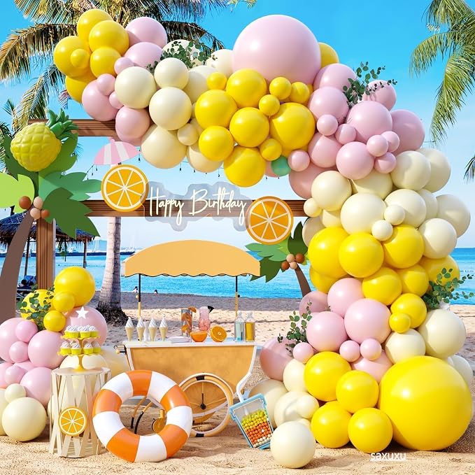 Pink and Yellow Balloon Arch Kit, 122Pcs Pastel Pink Yellow Balloons for Girls Lemon Party Decorations Summer Birthday Pool Theme Bridal Shower Baby Shower Engagement Party Decorations