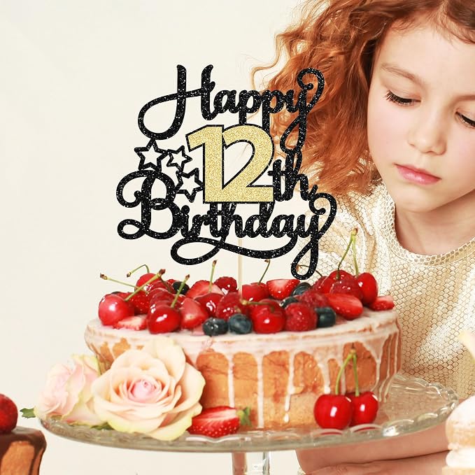 1Pc 12th Happy Birthday Cake Topper Glitter Cheers to 12 Years Cake Pick Happy Birthday Cake Decoration for 12th Anniversary Party Decoration Supplies Black Gold
