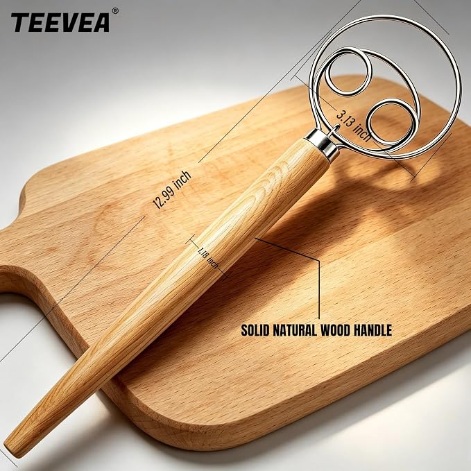 TEEVEA Danish Dough Whisk Stainless Steel Wooden Handle for Sourdough Bread | 4-Loop Anti-Clog Head Stops Lumps, Non-slip Grip Cuts Stirring Fatigue, Compact Build for Storage & Hand Wash Only
