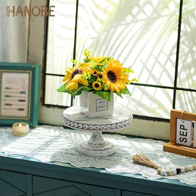 Hanobe Small Wood Cake Stand: White Cupcake Pedestal Stand 8 inch Dessert Display Riser Rustic Round Cakes Holder Tray Vintage Beads Wooden Plate for Wedding Birthday Decor