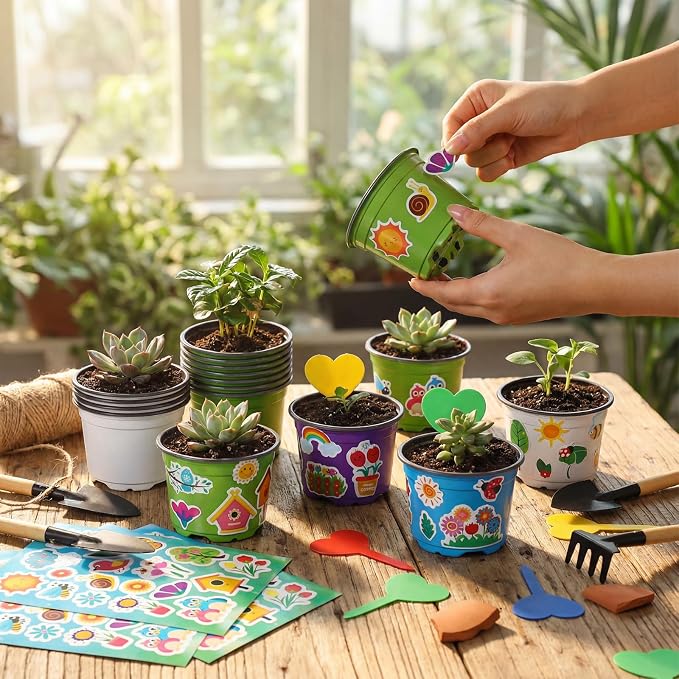 200 Sets Garden Pot Craft Kit, Flower Plant Spring Craft Including Plastic Nursery Plant Pots Labels Tags Stickers for DIY Flower Planting Growing Birthday Arts Kit (Lively)