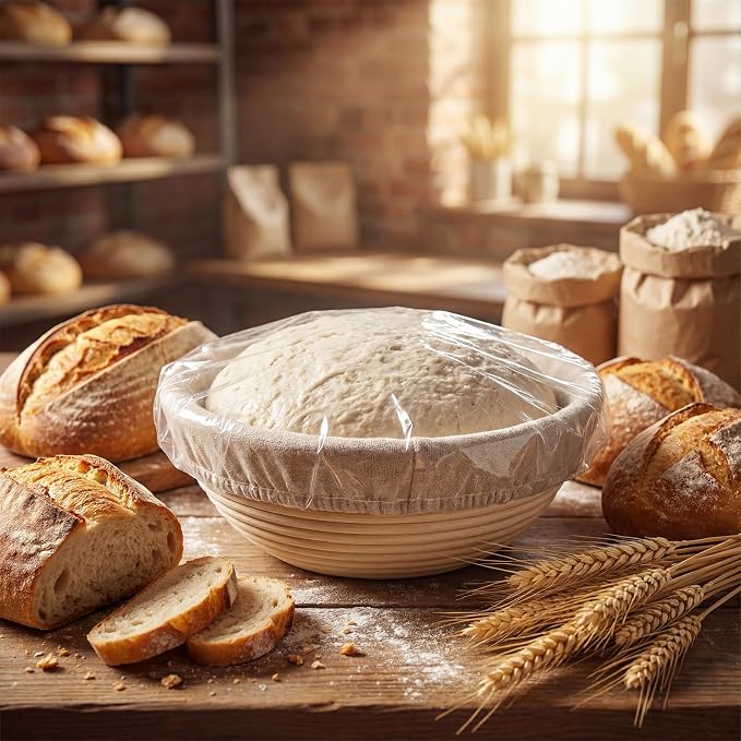 LemonRoad 2 Pcs 9 Inch Bread Proofing Baskets with Shower Caps Set Banneton Basket Sourdough Proofing Basket with Cloth Liners &1000 Pcs Shower Caps for Sourdough Bread Making Baking Ferment(Round)