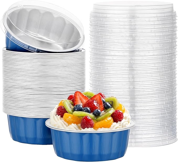 Beasea 8 oz Disposable Ramekins with Lids, 50 Pack Aluminum Cups for Baking, Aluminum Foil Baking Cups with Lids, Creme Brulee Muffin Cupcake Mini Pudding Foil Ramekin for Party Wedding - Moon Blue