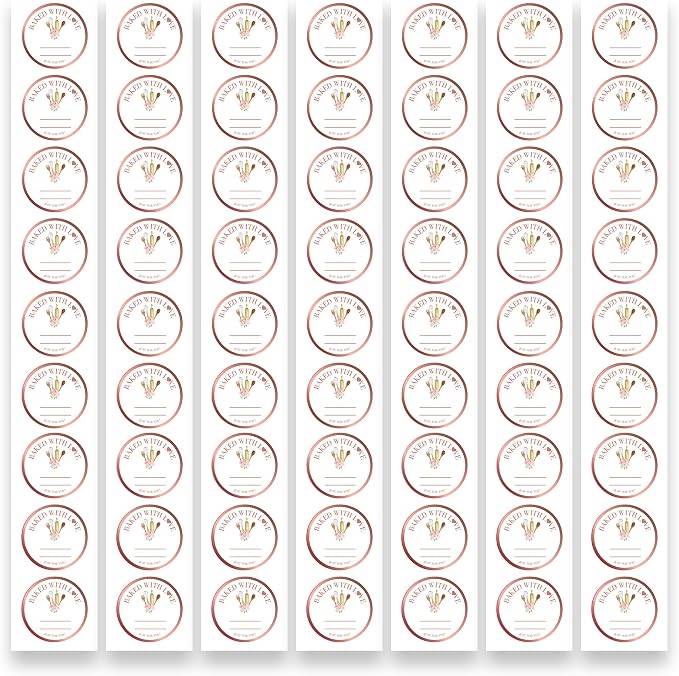 Mobiusea Creation Rosegold Baked with Love Stickers | 2 Inch 300pcs Packaging Labels for Baked Goods, Bakery Label Roll, Bread Sticker, Cookie Packaging & Baking Business Essentials