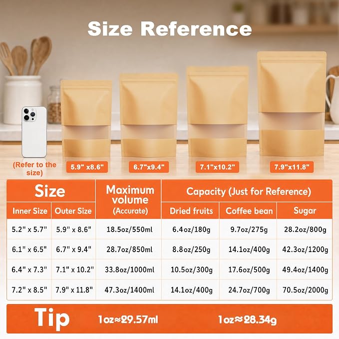 FireKylin 100 Pcs Resealable Bags, Paper Stand Up Pouches Bags with Matte Window for Small Businness, Zipper & Heat Sealable Treat Bags for Packaging(Inner Size 7.2" x 8.5"; Outer Size 7.9" x 11.8")