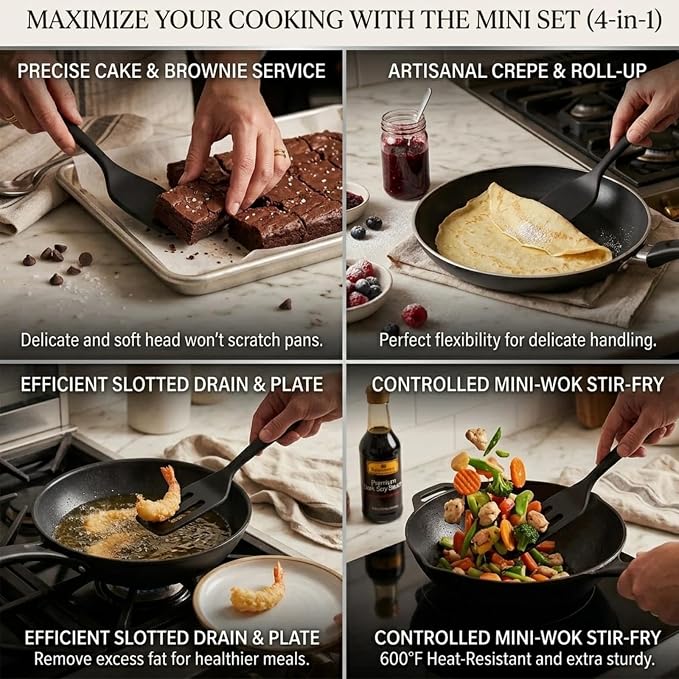 Mini Serving Spatula 2pcs set, Silicone Serve Turner Heat-Resistant Cookie Slotted Spatula, For Kitchen Cooking. (Black)