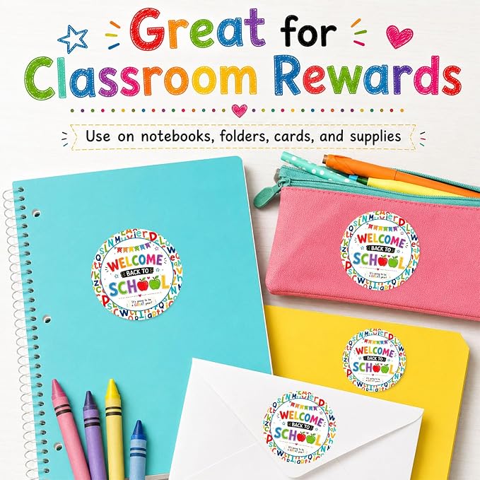 Back to School Stickers 60pcs, Welcome Back to School Round Sticker Labels for Teacher Gifts to Students, Classroom Rewards, First Day Treat Bags, Candy Bags, School Party Favors