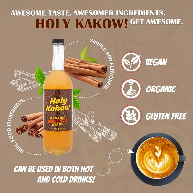Holy Kakow Cafe Organic Cinnamon Syrup - Cinnamon Coffee Syrup, Organic Syrup for Coffee, Cinnamon Syrup for Coffee, Latte, Cocktail and Shake - 750ml