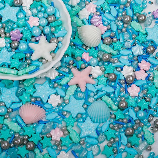 Ocean Sprinkles for Cake Decorating, Shell, Seahorse, Starfish, Fish & Pearl Sugar Mix for Cupcakes Cookies and Ice Cream Toppings