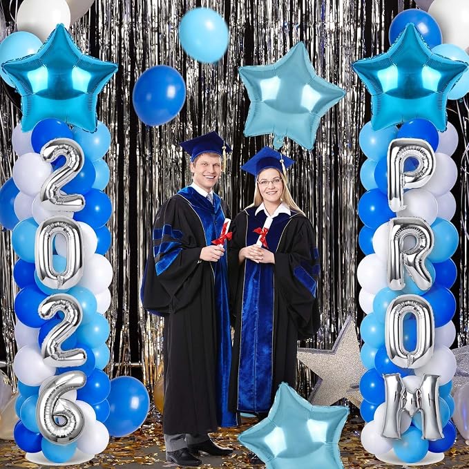 2 Sets Graduation Balloon Column Stand Kit with Balloons Prom Send off 2026 Grad Prom Themed Decor Sky Blue White Blue Balloon Tower Stand for Floor Grad School & College Celebration Party Supplies
