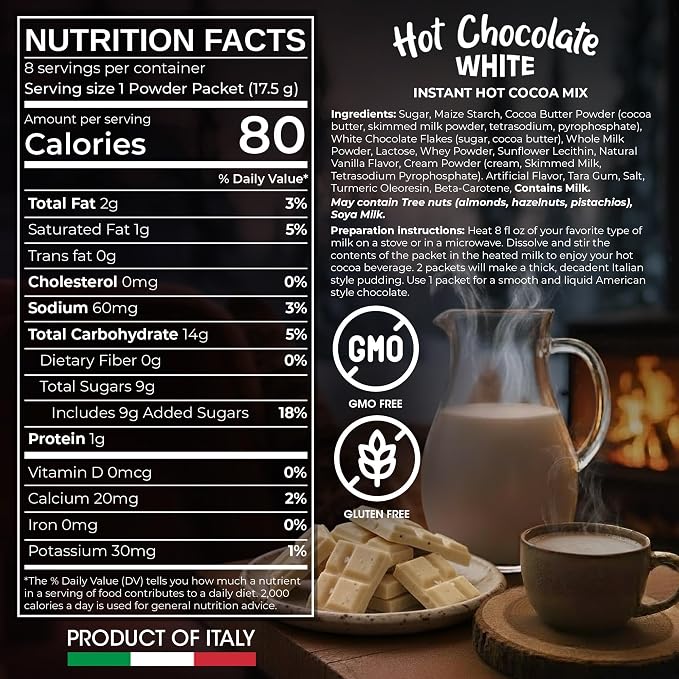 Cafe Garibaldi Premium White Hot Chocolate - Instant Cocoa Mix with Cocoa Powder, Gluten-Free & GMO-Free, 8 Servings x 0.62oz Packets, Ideal Italian Hot Chocolate Gift