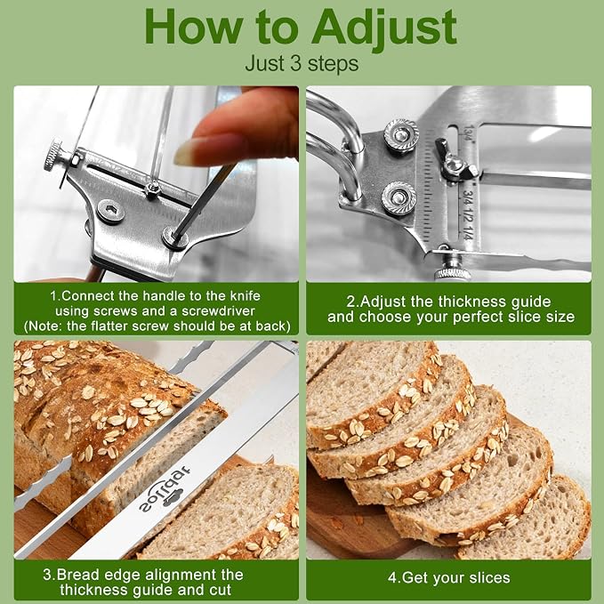 Adjustable Bread Slicer for Homemade Bread - Upgrade Manual Sourdough Bread Knife with Thickness Guide, Bread Bow Cutter with Serrated Stainless Blade for Baguettes, Gift for Baker, Ambidextrous Use