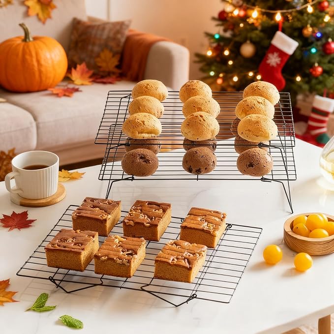 3-Tier Collapsible Cooling Racks, Detachable Wire Cooling Rack Stackable Drying Rack for Cookie Bread Pizza Baking, Fruits, Snacks Perfect for Outdoor Camping