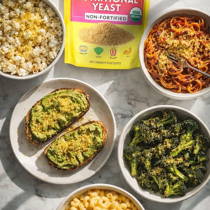 NOOCHA Organic Nutritional Yeast Flakes – Non-Fortified, Vegan Cheese Seasoning, Dairy-Free, Gluten-Free, High Protein Savory Sprinkle for Popcorn, Pasta & Veggies – 8 oz