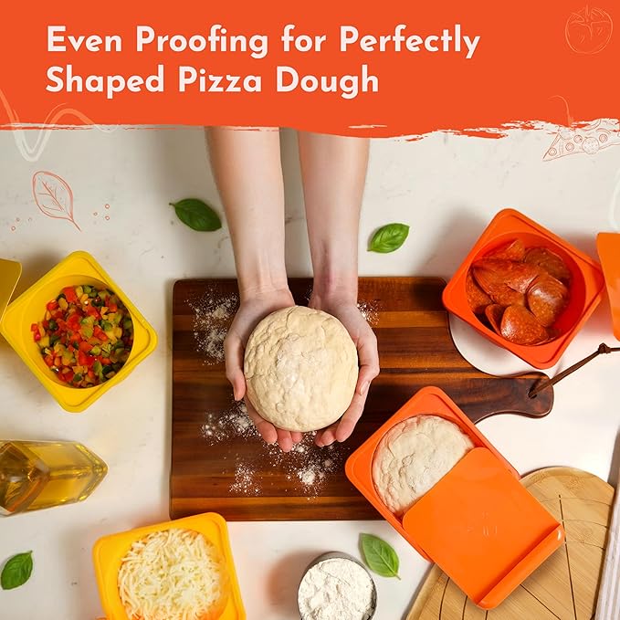 Orange 2 Pack 500ml Pizza Dough Proofing Containers With Lids - Silicone Pizza Dough Proofing Box With Built-In Dough Cutter and Measurement Marks, Stackable, Dishwasher, Fridge & Freezer Safe