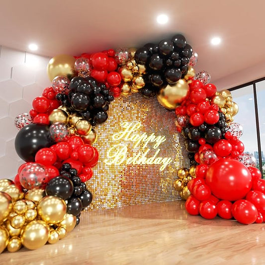 Red and Black Gold Balloons Arch Kit, 140Pcs Different Sizes inch Red Black Gold Balloon and Confetti Party Balloon Garland Kit for Birthday, Wedding, Graduation, Anniversary, Prom Decorations