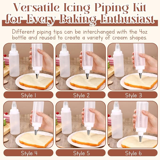 LemonRoad 4 Pcs Piping Bottles for Icing Cookie Decorating Supplies Plastic Squeeze Bottles with 6 Different Piping Tips for Cookie Icing Kit Pancake Squeezing Applicator Writer(4 oz)