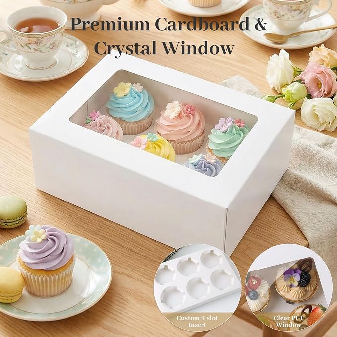 HANSGO 6 Count Cupcake Boxes,6PCS Cupcake Containers with Window White Pastry Boxes for Muffins Pastry Strawberry, Party Supplies 9.5x6.3x3.5 Inch