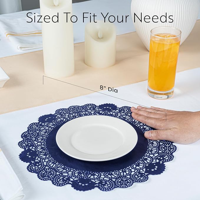 Restaurantware-Pastry Tek 8 x 8 Inch Paper Lace Doilies, 4000 Disposable Table Doilies - Elegant Lace Finish, Long Lasting, Navy Blue Paper Placemat, for Pastries, Cupcakes, Desserts