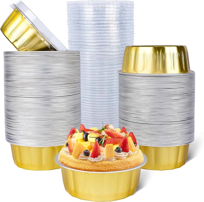 Beasea Disposable Ramekins with Lids, 120 Pack 8 oz 4 Inch Mini Gold Aluminum Foil Creme Brulee Baking Cups Small Round Cupcake Tart Pie Tins Pans Individual Containers Oven Safe for Baking