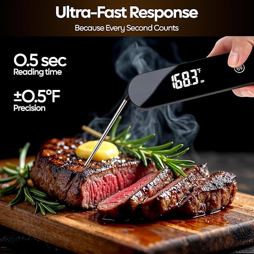 Digital Meat Thermometer Instant Read for Cooking - 0.5 Sec Fast Food Thermometer, Auto-Rotating Backlit Display, IP67 Waterproof, Magnetic Kitchen Thermometer for Grill, BBQ - Gift for Men