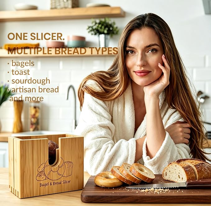 Bagel Slicer Holder, Adjustable Bagel Slicers Cutter with 7 Width Settings | Large Bagel Slicer for Large and Small Bagels, Safe Bagel Cutter Slicer Easy-Clean, Bamboo Bagel Cutter with Non-Slip Base