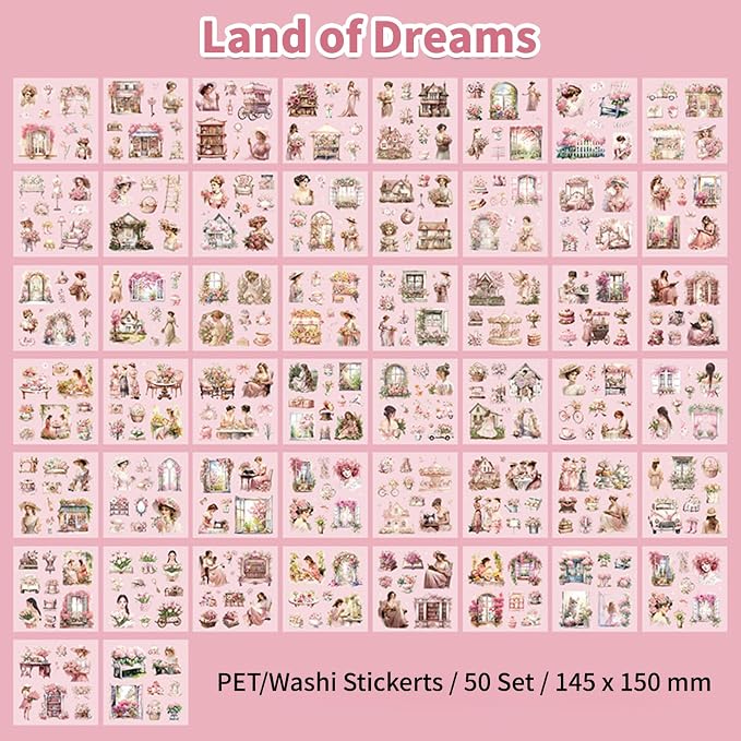 Seek Dreams Theme Sticker Scrapbooking Supplies for Junk Journal, 50 Sheets Washi Stickers - Vintage Journaling Stickers