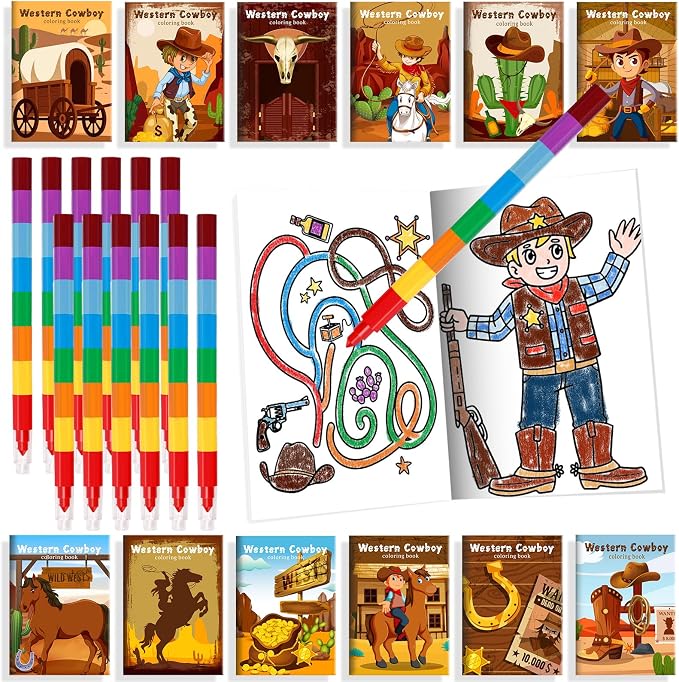 BenLouis 24 Western Cowboy Mini Coloring Books Kids With 24 Stacking Crayons Wild West Party Favors Activity Books Bulk for Kids Yee Haw Rodeo Goodie Bag Gift Stuffer Classroom Reward