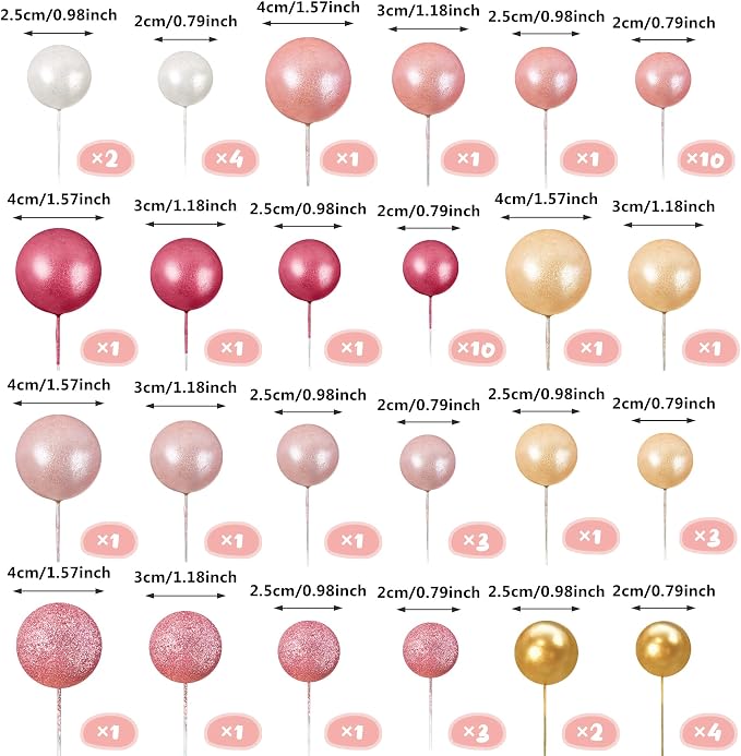 56 PCS Colorful Ball Shaped Cake Topper Pearl Balls Cupcake Cake Insert Topper for Birthday Party Wedding Decoration Supplies(Pink and Seven Colors Series)