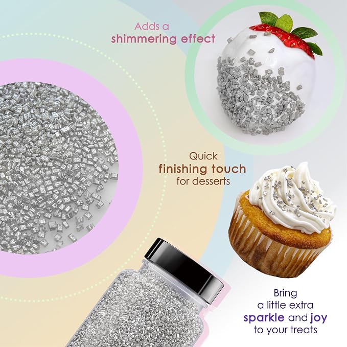 Bakerpan Silver Pearlized Sugar Sprinkles for Baking - 5 oz Coarse Sparkling Decorating Sugar Crystals for Baking Topping, Cookies, Cupcakes & Cake Pops | Made in USA