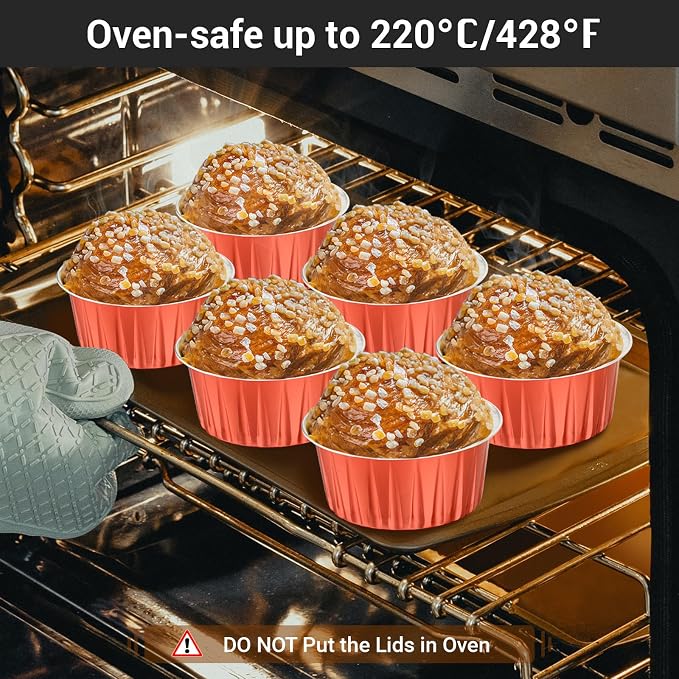 EUSOAR Disposable Ramekins, 25pcs 5oz 125ml Muffin Cupcake Liners with Lids, Reusable Foil Baking Cups Containers Mini Pie Creme Brulee Pans Oven Safe for Wedding Birthday Parties Celebrations