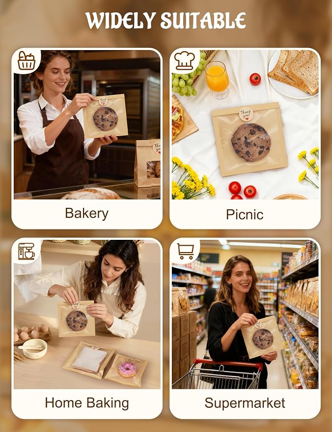 FireKylin 100 Pack Cookie Bags with Heat Sealing, 5.7 x 6.5 Inch Bakery Bags with Window, Grease Resistant Cookie Packing for Treats, Baked Goods, Bagel, Cake Slice, Sandwich (5.7"x6.5"-100pcs)