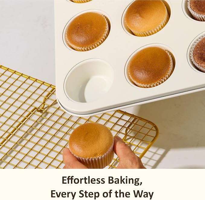 CAROTE 6-Piece Ceramic Baking Pans Set, Aluminized Steel Bakeware Sets, Toxin-Free Nonstick Stackable Oven Pans with Cookie Sheet, Muffin Pan, Loaf Pan, Round & Square Cake Pan, Cooling Rack