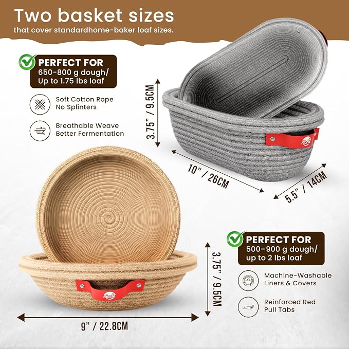 Riccle Cotton Rope Banneton Bread Proofing Basket Set, 9 Inch Round Bread Basket with Liners & Covers for Artisan Bread Baking, Sourdough Bread Baking Supplies (27)