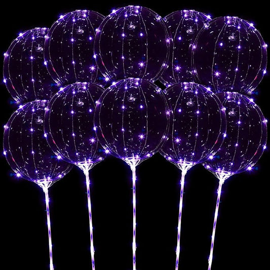 LED Balloons Light Up, 10 Pack LED Balloons with Sticks, 20 Inch Clear Bobo Balloon with Lights Helium Glow Bubble Lights for Party Supplies Valentines Decor (Purple)